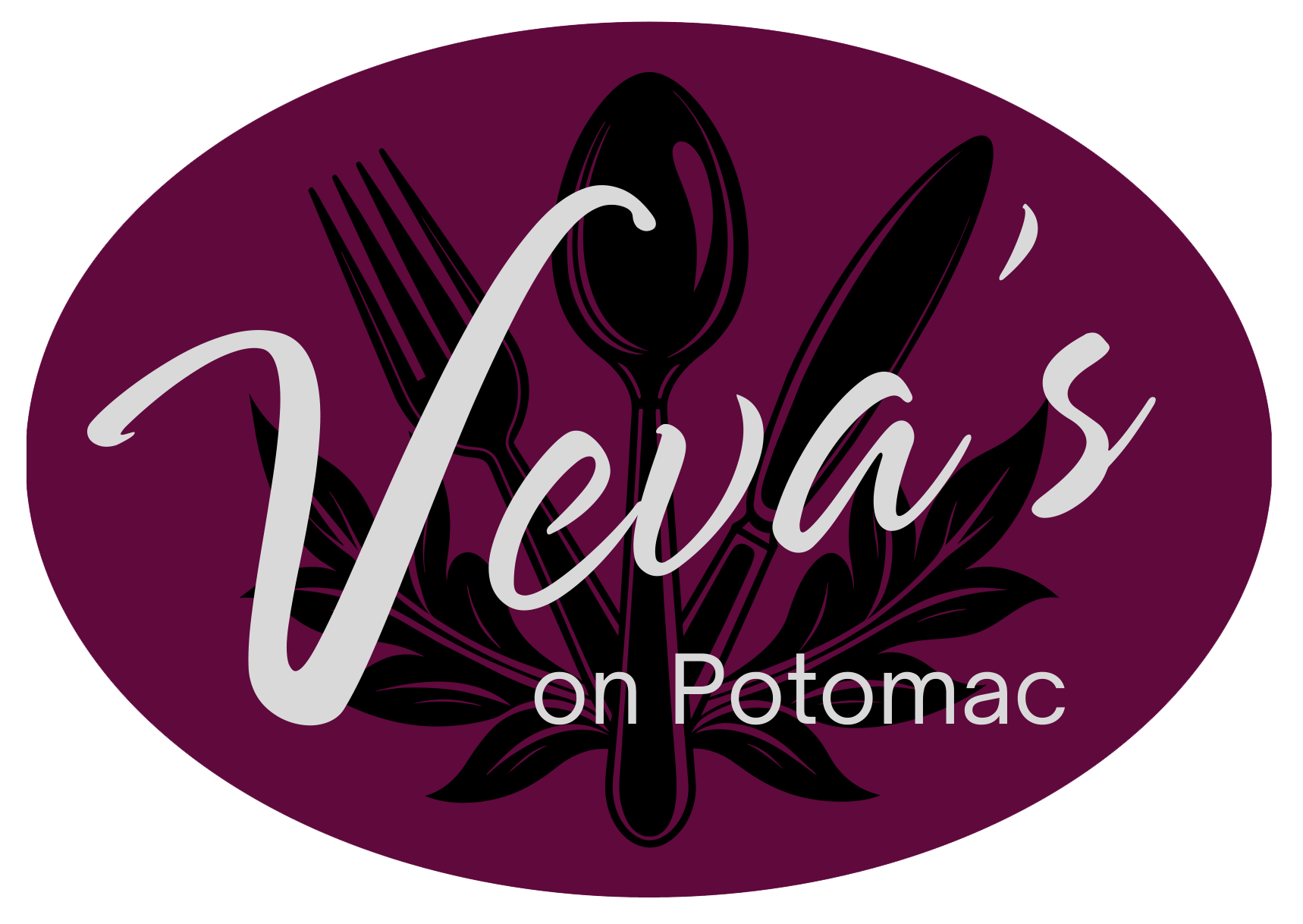 A maroon oval logo featuring silver text that reads "Veva's on Potomac." Behind the text, there is an illustration of a fork, spoon, and knife crossed with leafy accents.