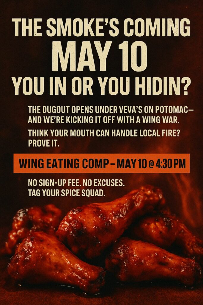 Text-heavy poster with smoky chicken wings at the bottom. Main text: "The smoke's coming May 10. You in or you hidin'? Wing Eating Comp – May 10 @ 4:30PM." Event details above and below the wings.
